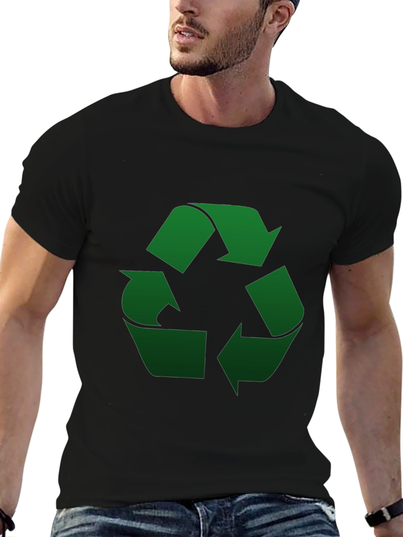 Eco-Friendly Black T-Shirt - Green Recycle Symbol