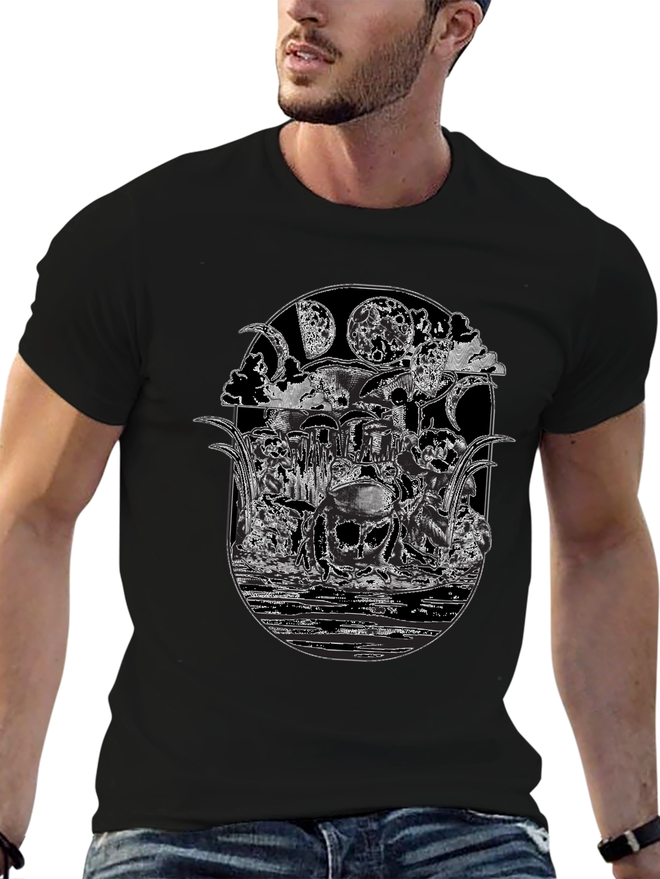 Black T-Shirt with Frog Moon Graphic Print