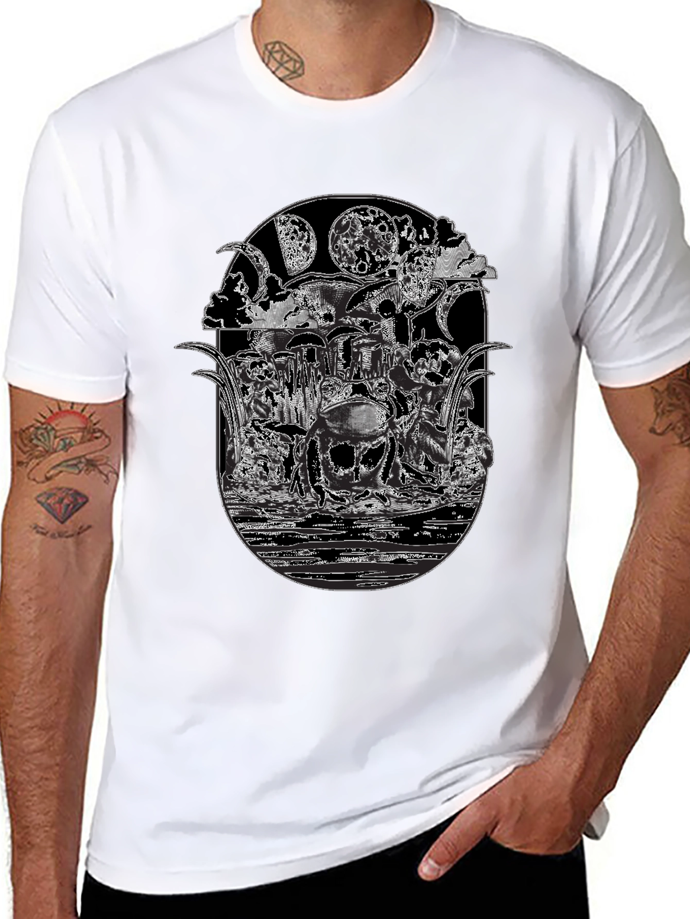 Black T-Shirt with Frog Moon Graphic Print