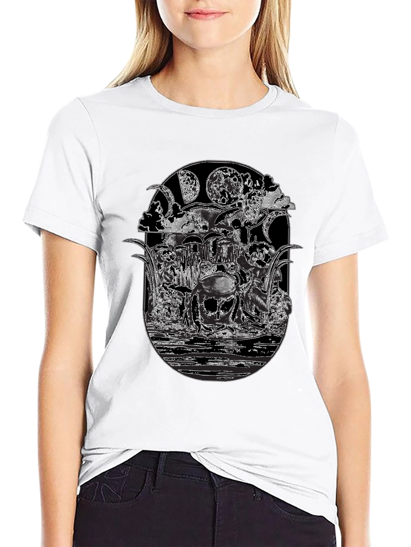 Black T-Shirt with Frog Moon Graphic Print