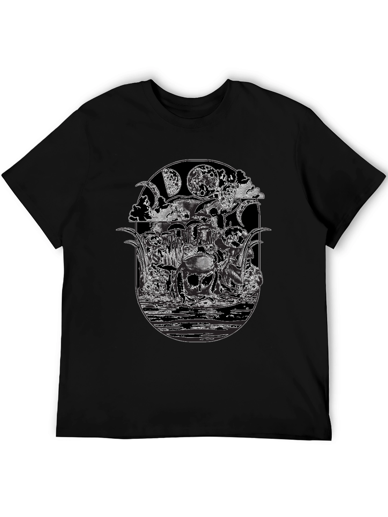 Black T-Shirt with Frog Moon Graphic Print