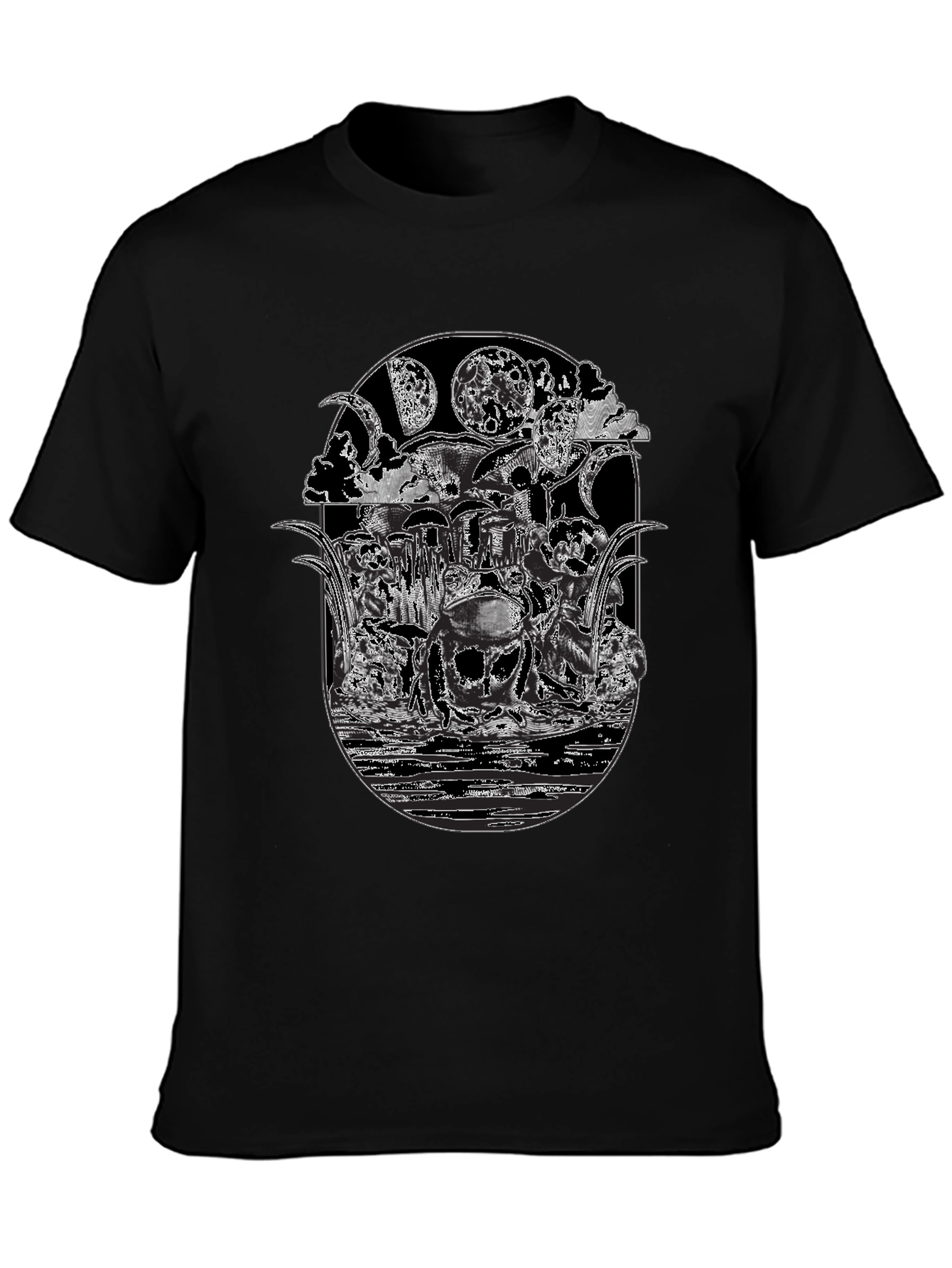 Black T-Shirt with Frog Moon Graphic Print