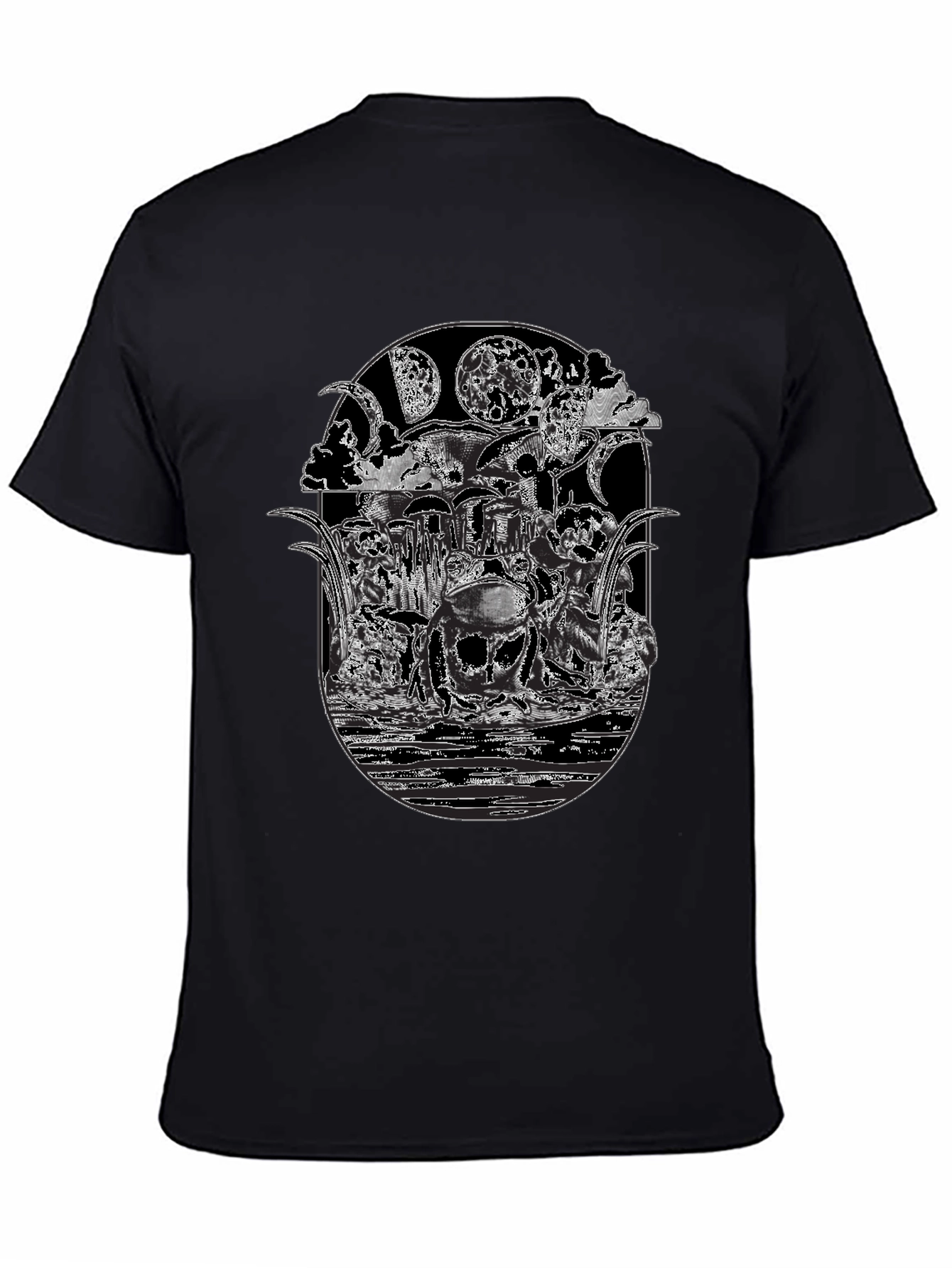 Black T-Shirt with Frog Moon Graphic Print