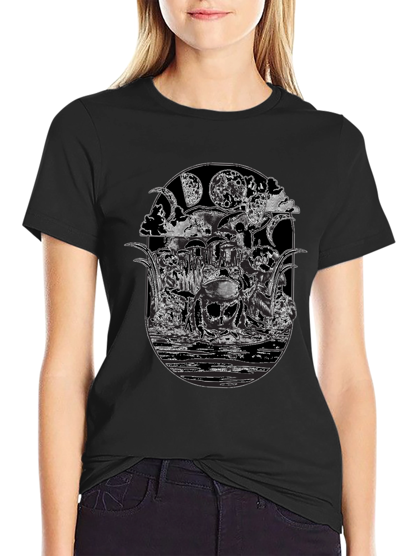 Black T-Shirt with Frog Moon Graphic Print