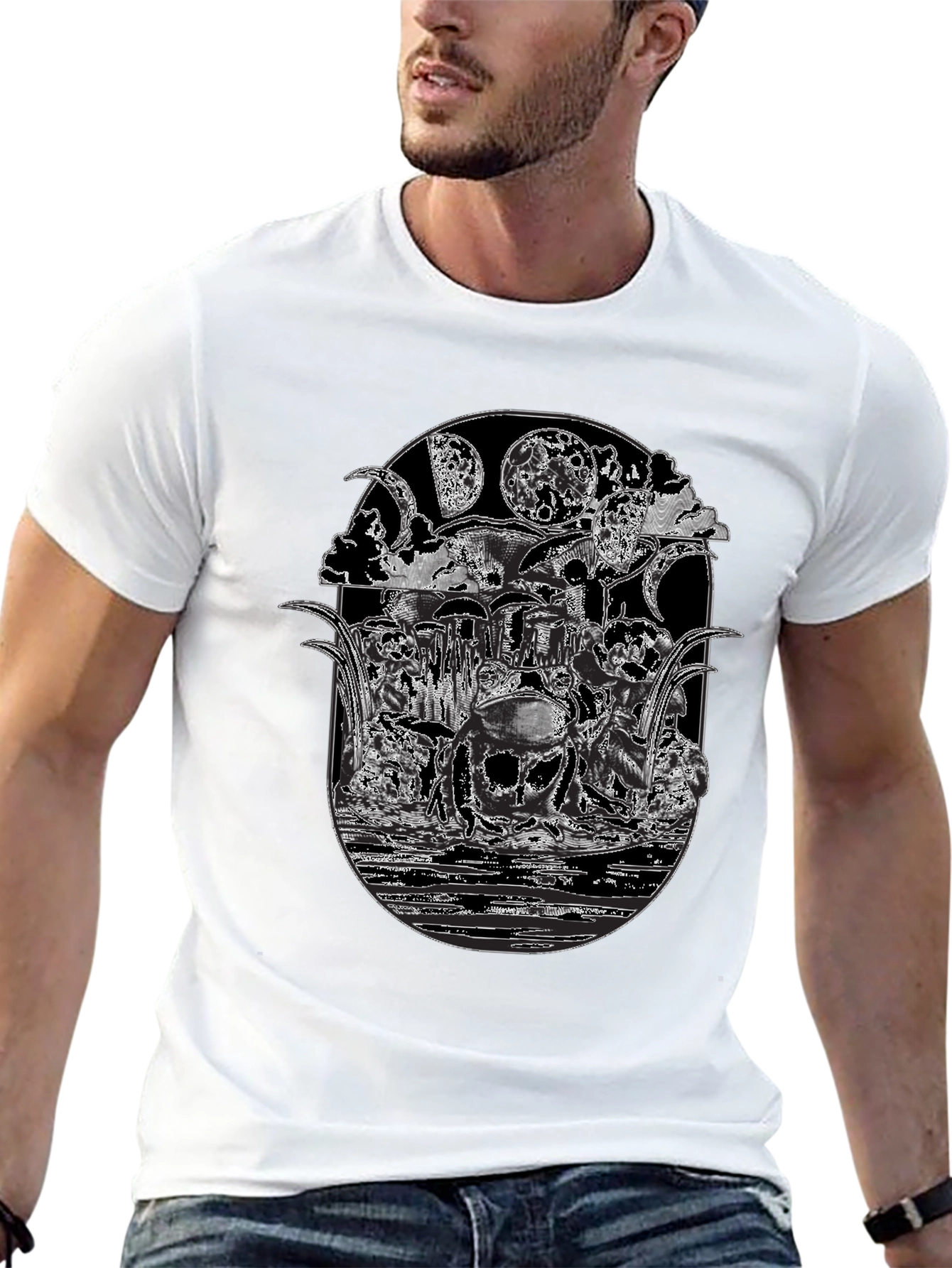 Black T-Shirt with Frog Moon Graphic Print