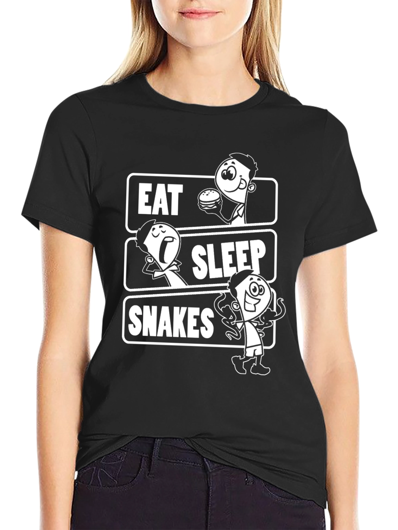Eat Sleep Snakes Black T-Shirt Cartoon Graphic Tee