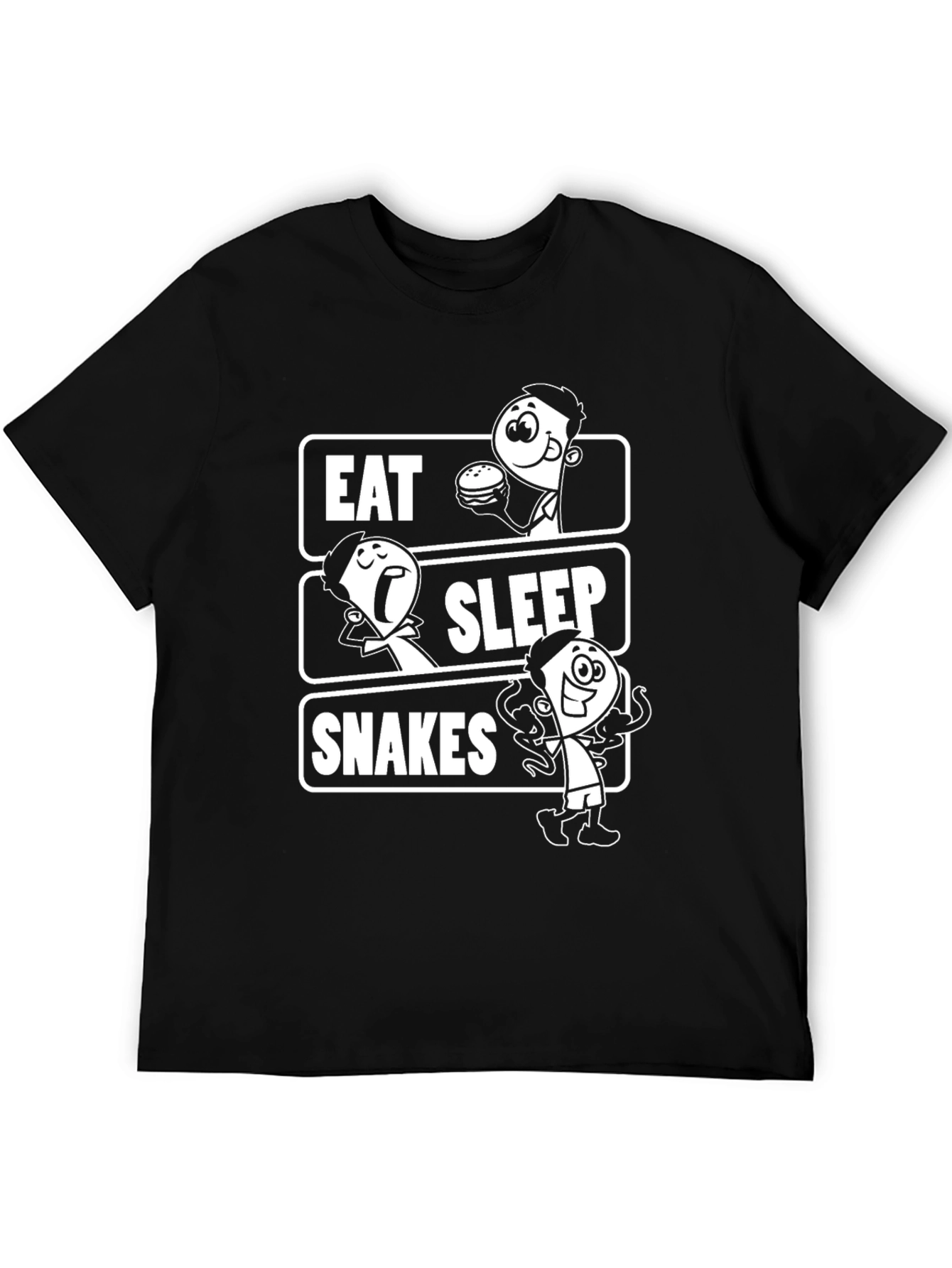 Eat Sleep Snakes Black T-Shirt Cartoon Graphic Tee