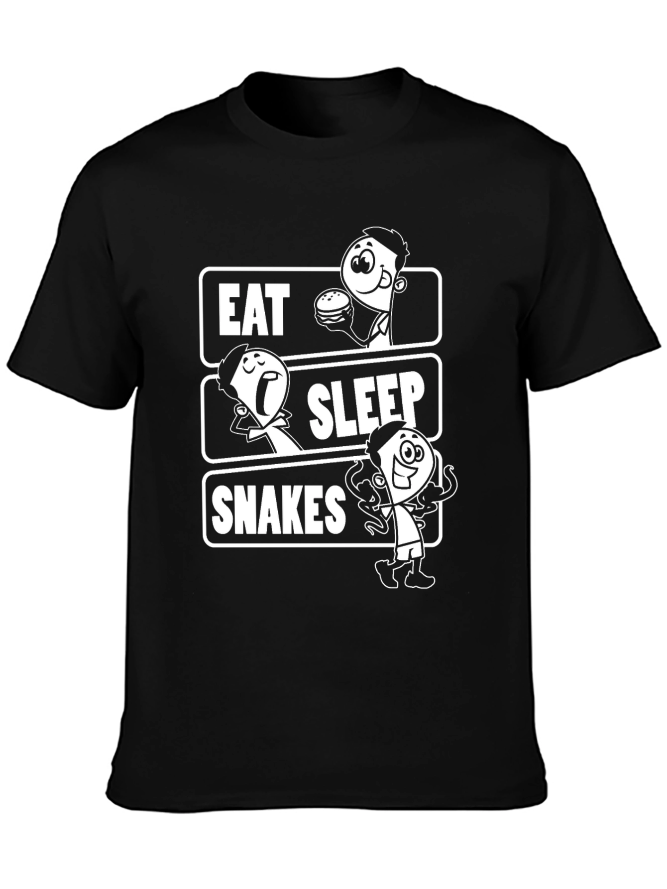 Eat Sleep Snakes Black T-Shirt Cartoon Graphic Tee