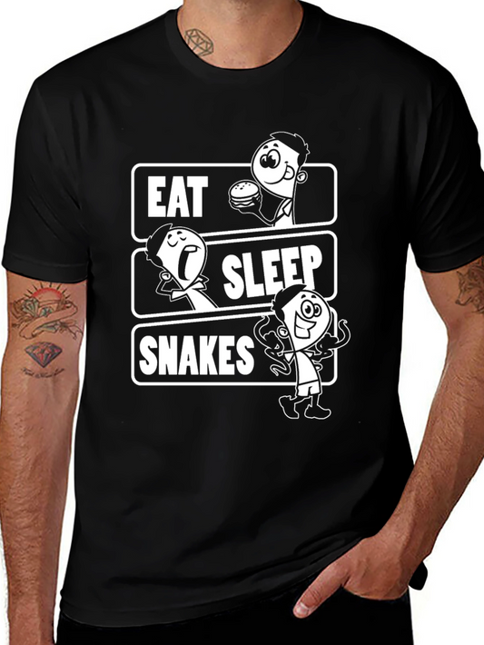 Eat Sleep Snakes Black T-Shirt Cartoon Graphic Tee