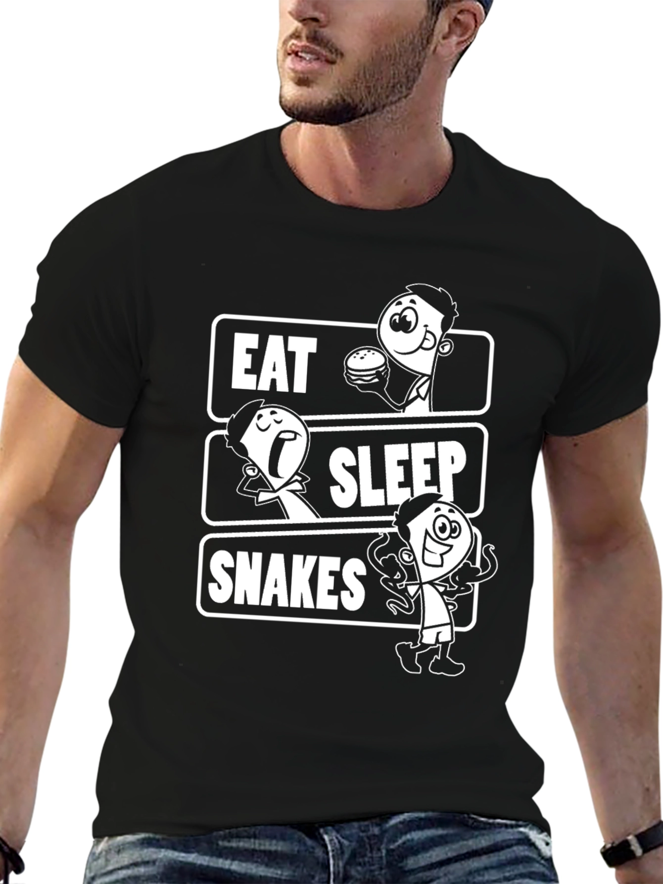 Eat Sleep Snakes Black T-Shirt Cartoon Graphic Tee