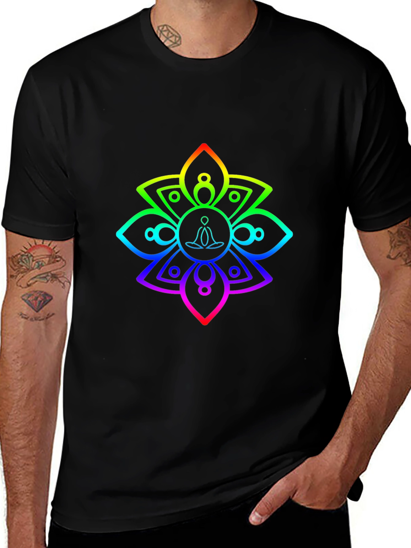 Rainbow Mandala Meditation Black T-Shirt