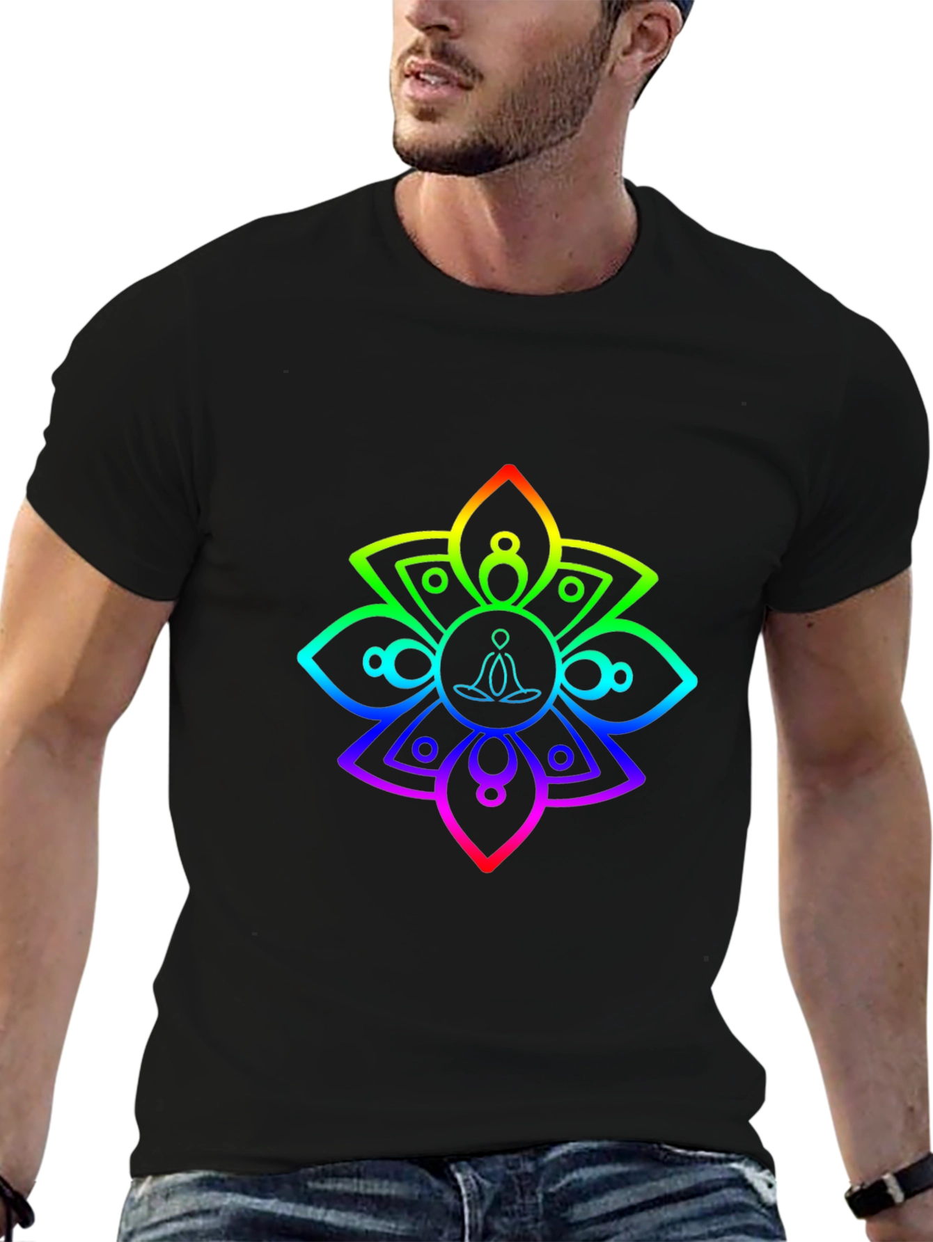 Rainbow Mandala Meditation Black T-Shirt