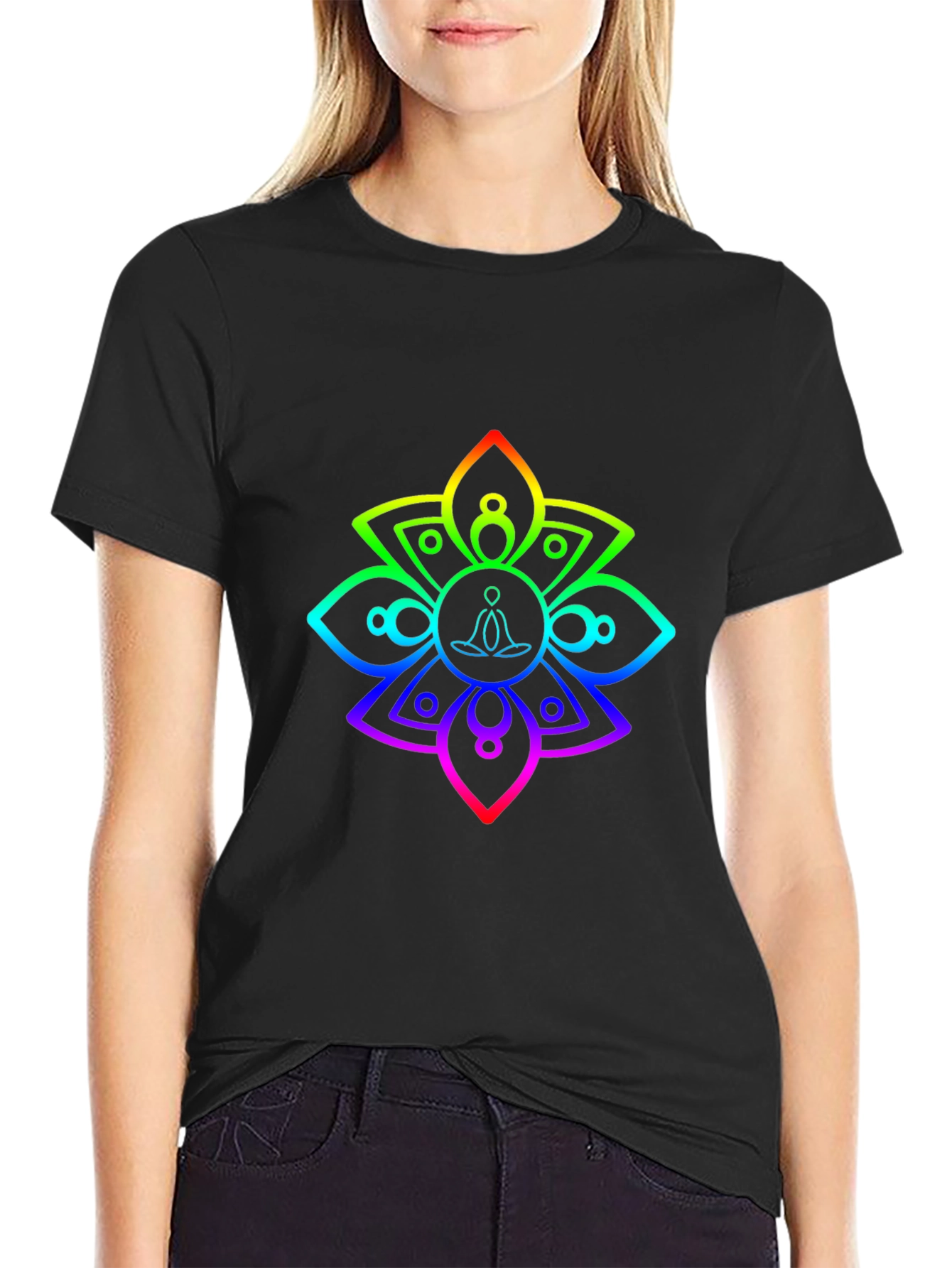 Rainbow Mandala Meditation Black T-Shirt