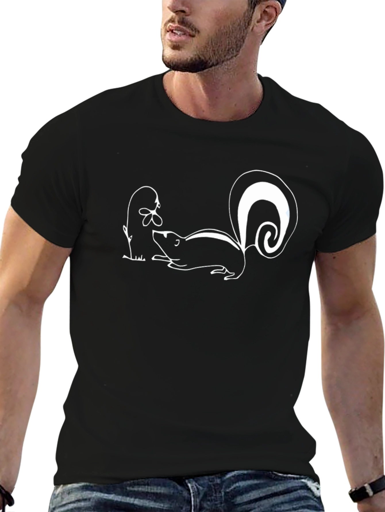 Skunk & Flower Graphic Tee - Black Cotton T-Shirt