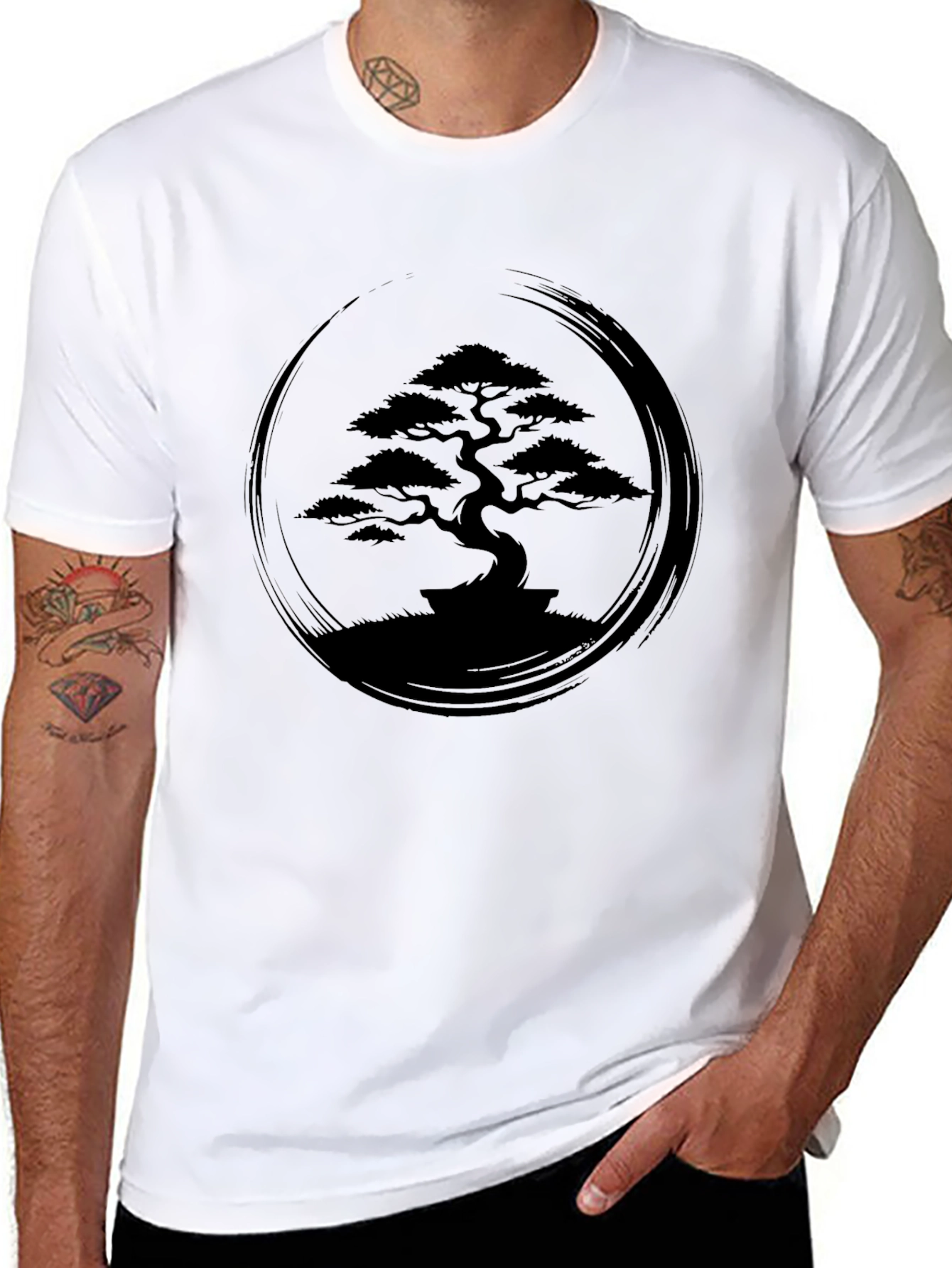 Zen Bonsai Tree Graphic Tee - Black Cotton