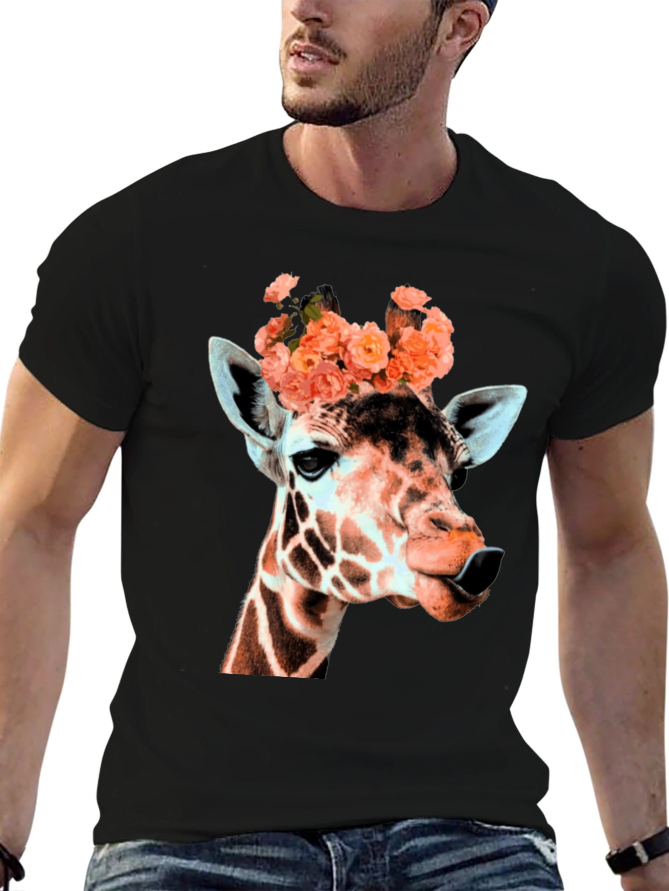 Giraffe with Flowers Graphic T-Shirt