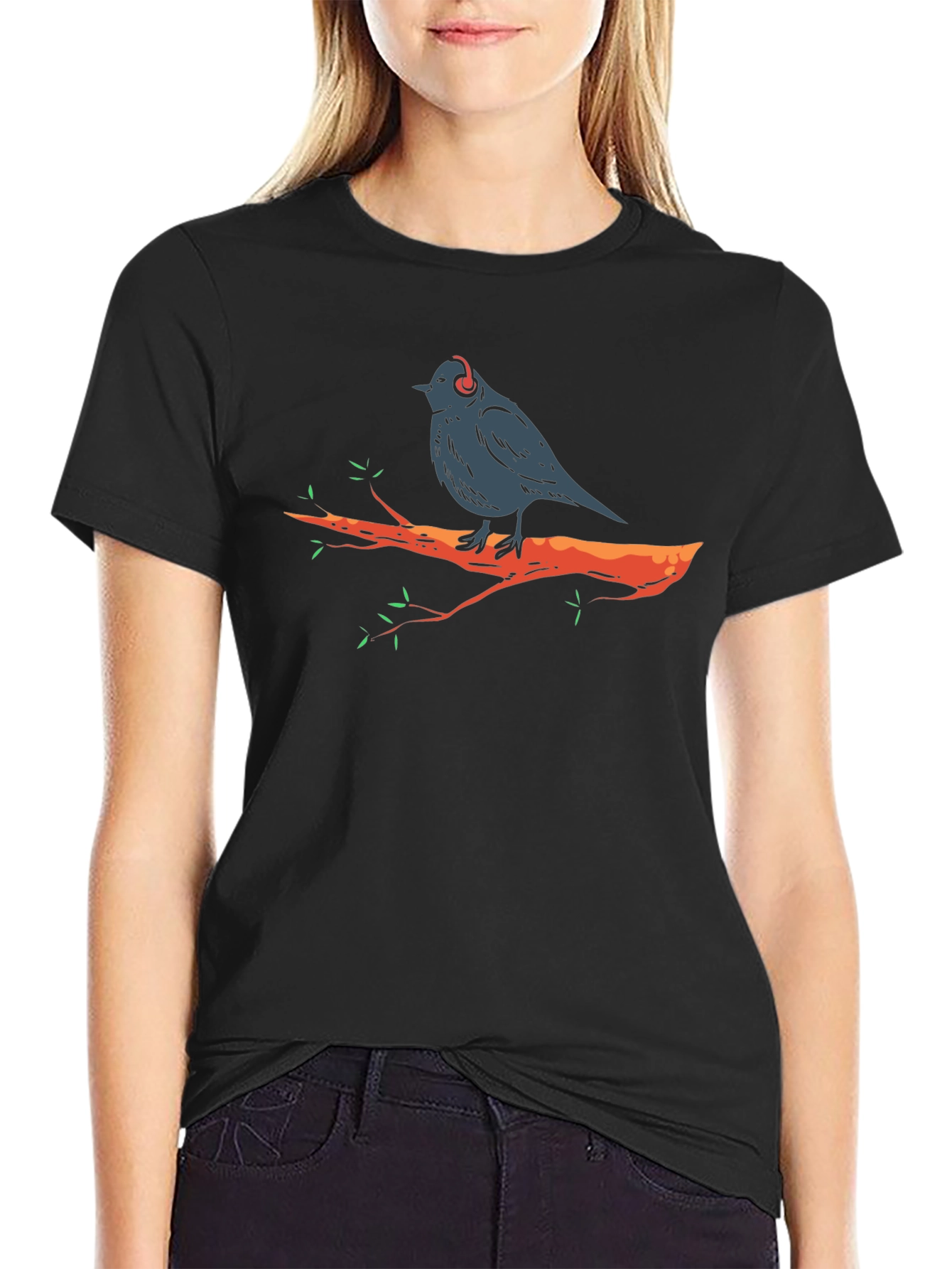 Bird in Headphones Graphic Tee - Black T-Shirt