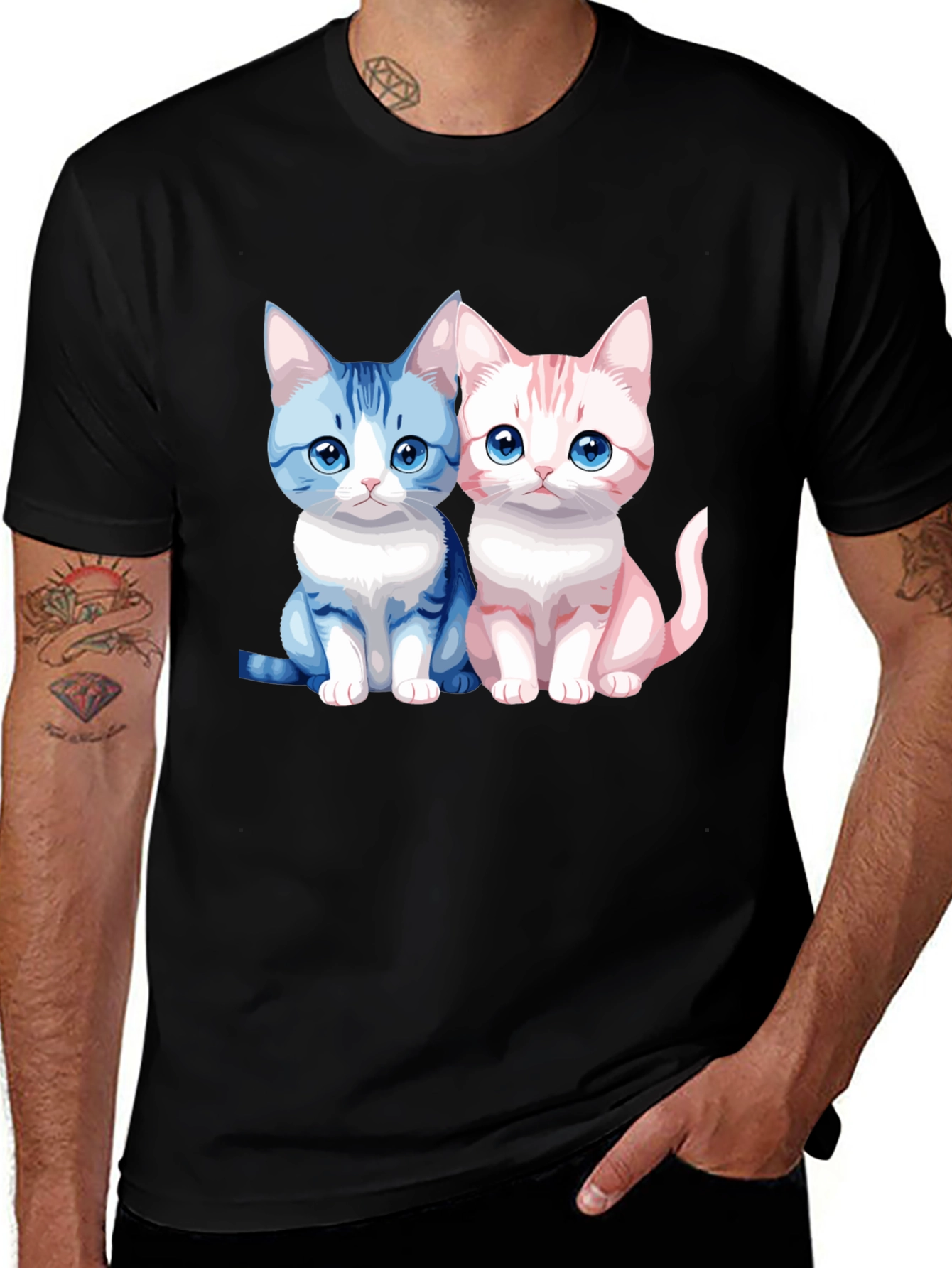 Cute Cartoon Cat Couple Graphic T-Shirt