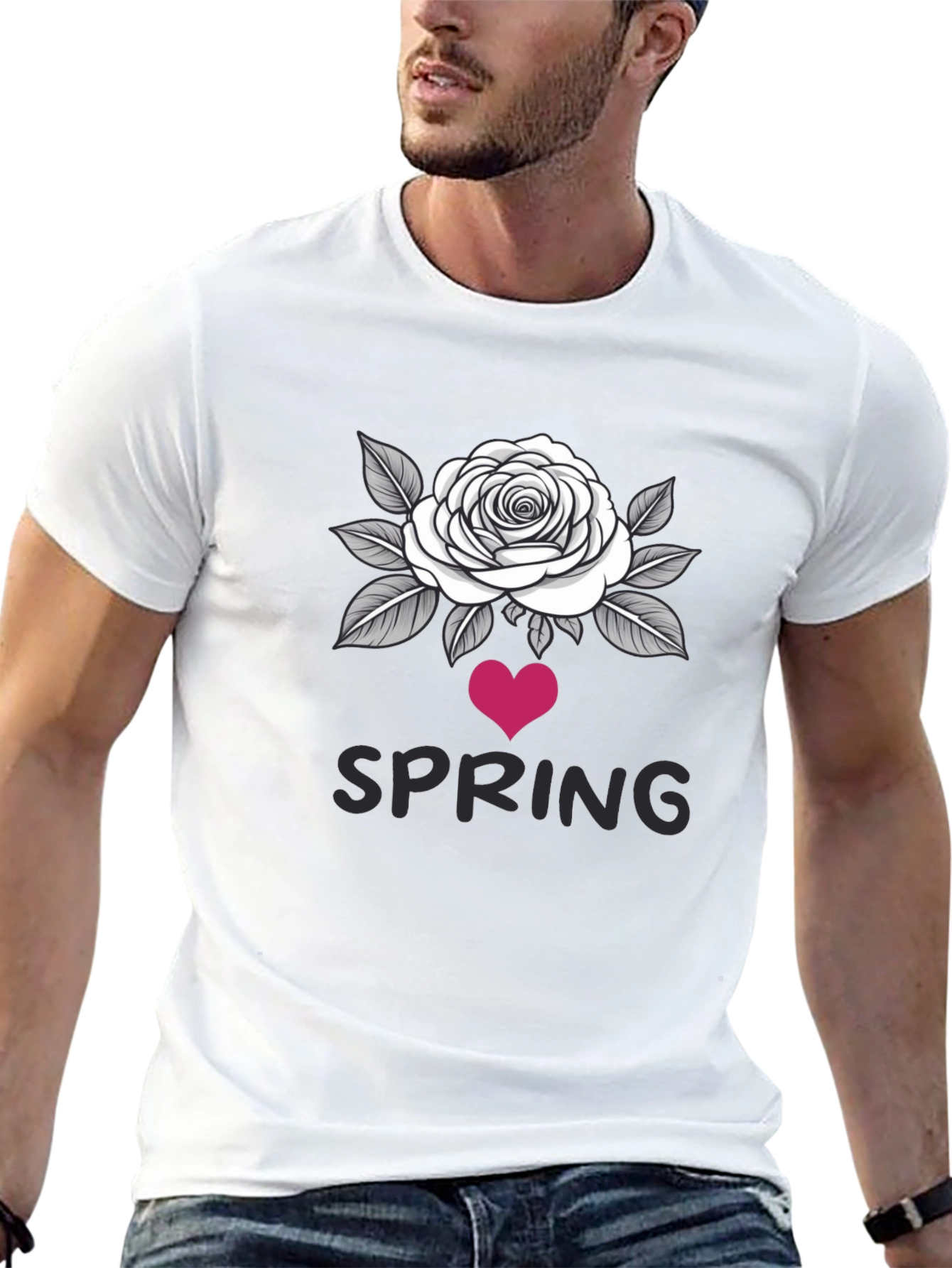 Spring Rose Heart Graphic Black T-Shirt