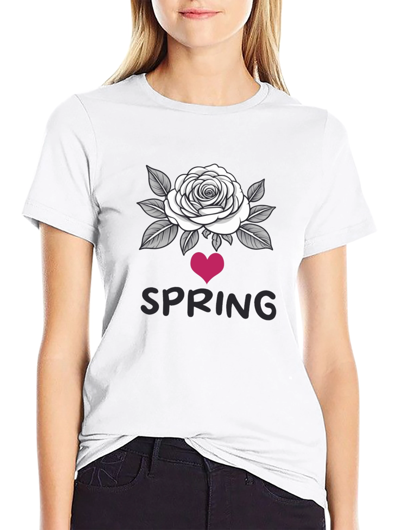 Spring Rose Heart Graphic Black T-Shirt