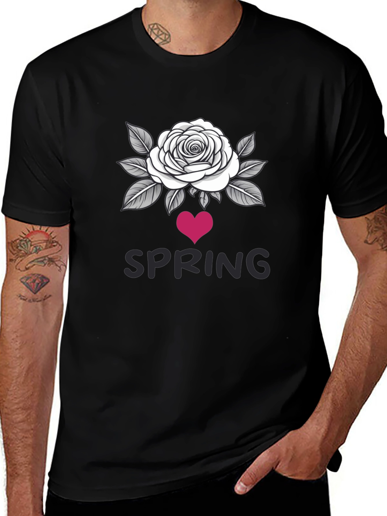 Spring Rose Heart Graphic Black T-Shirt