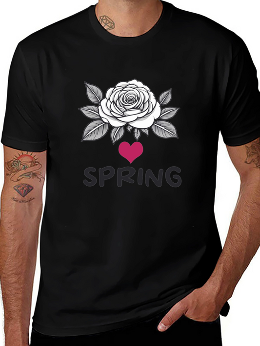 Spring Rose Heart Graphic Black T-Shirt