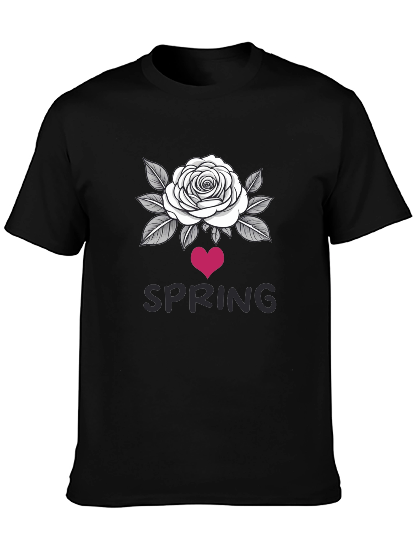 Spring Rose Heart Graphic Black T-Shirt