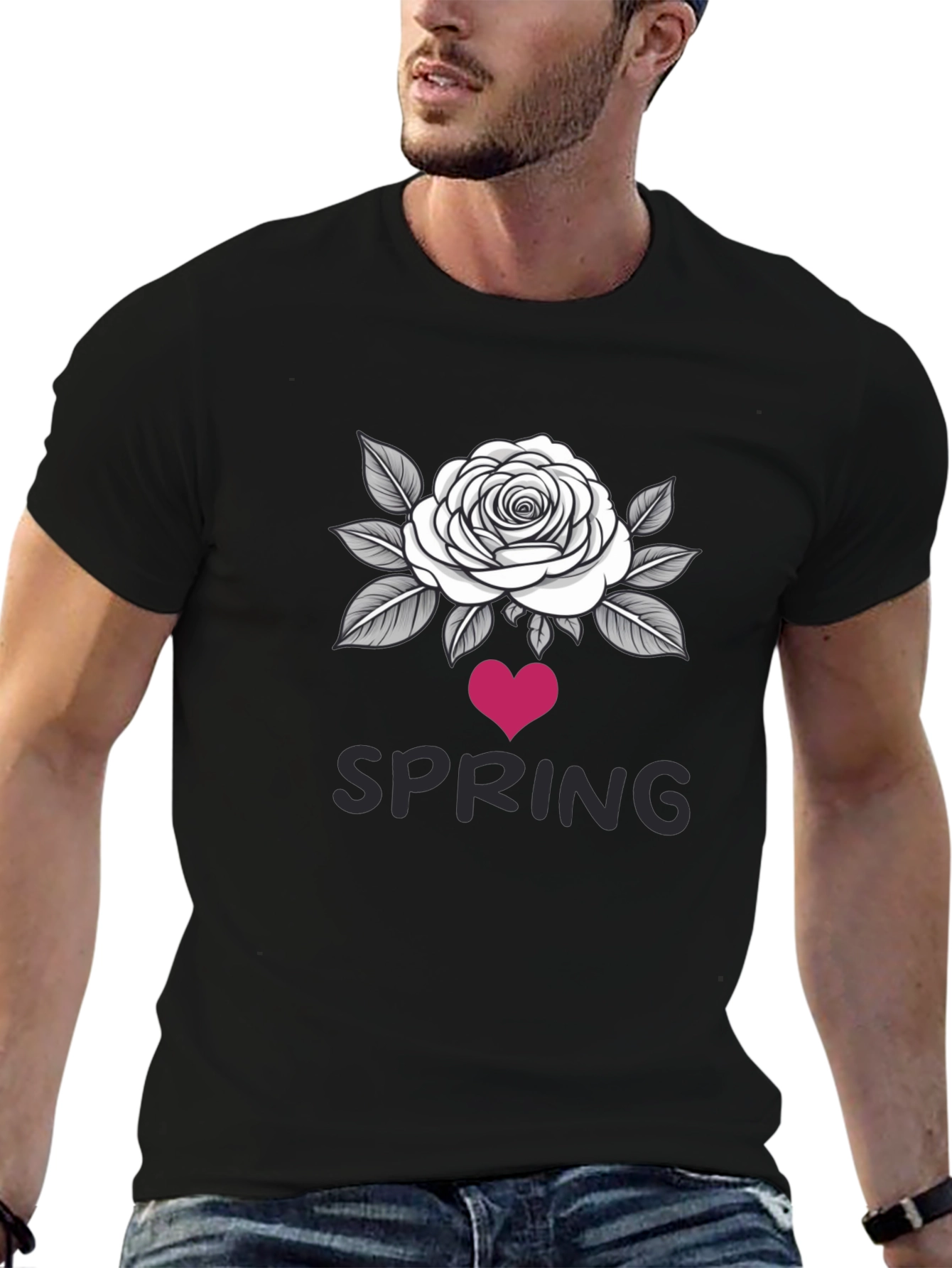 Spring Rose Heart Graphic Black T-Shirt