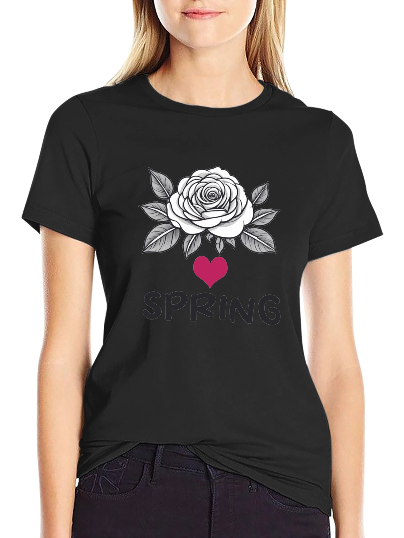 Spring Rose Heart Graphic Black T-Shirt
