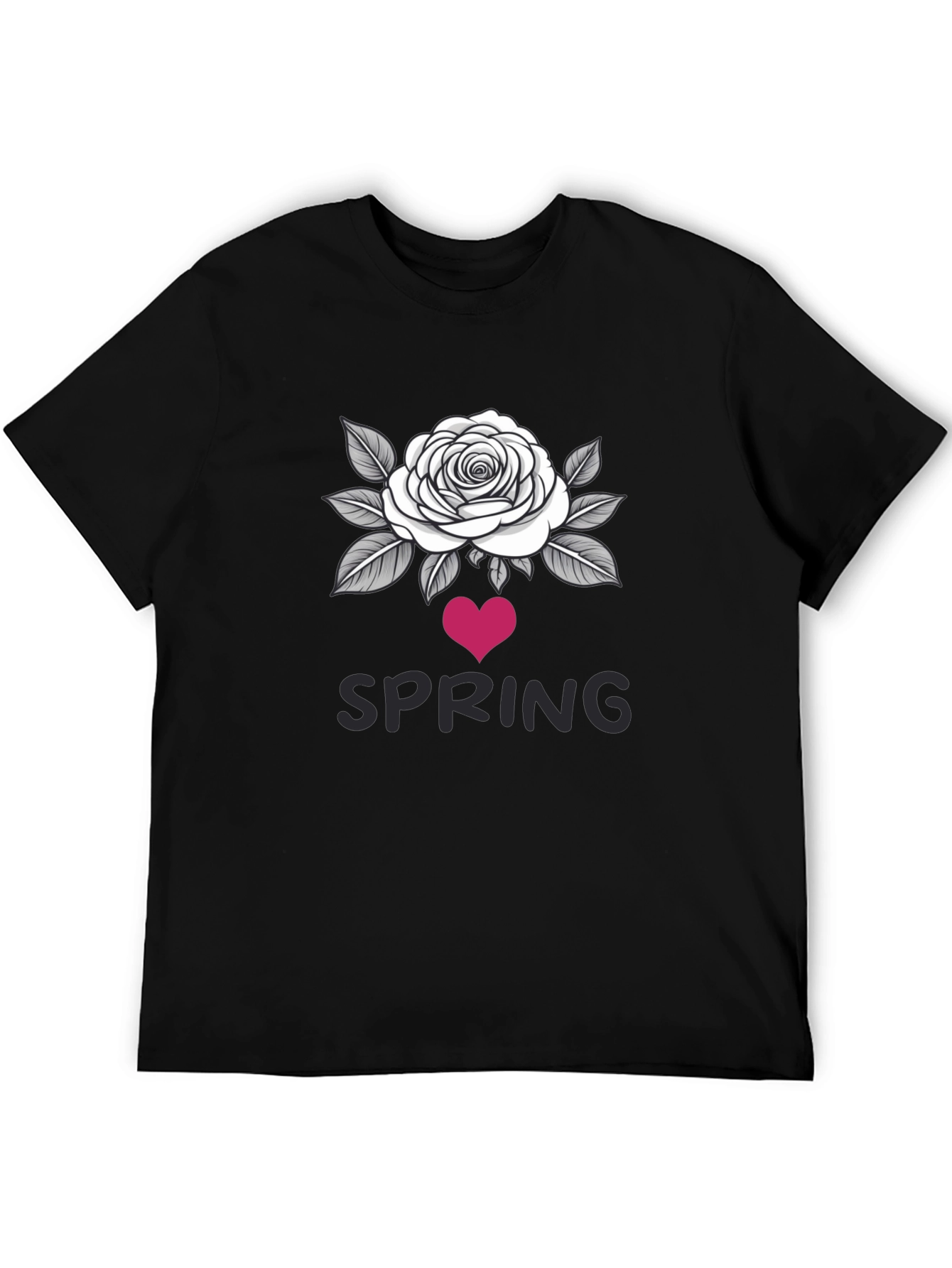 Spring Rose Heart Graphic Black T-Shirt