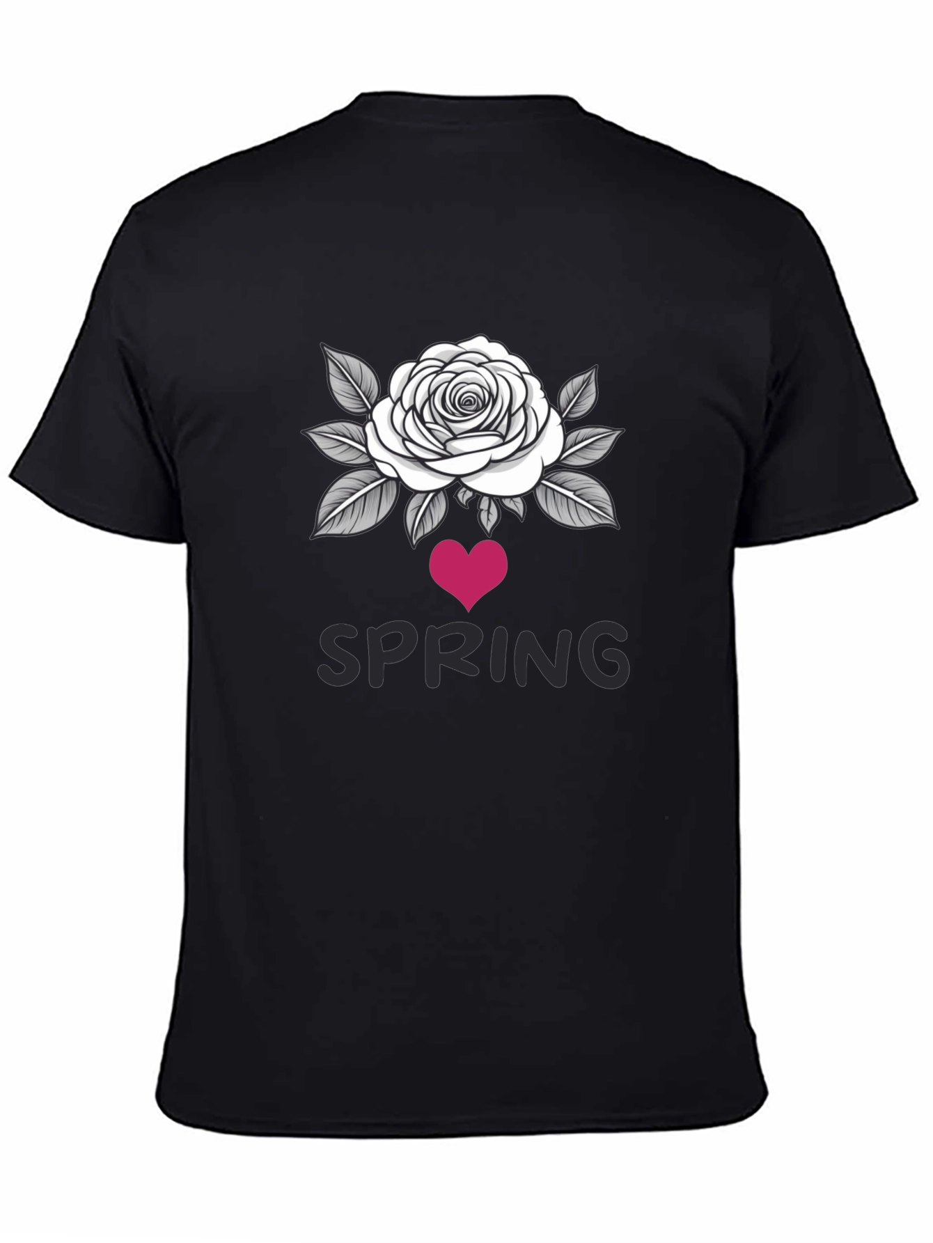 Spring Rose Heart Graphic Black T-Shirt