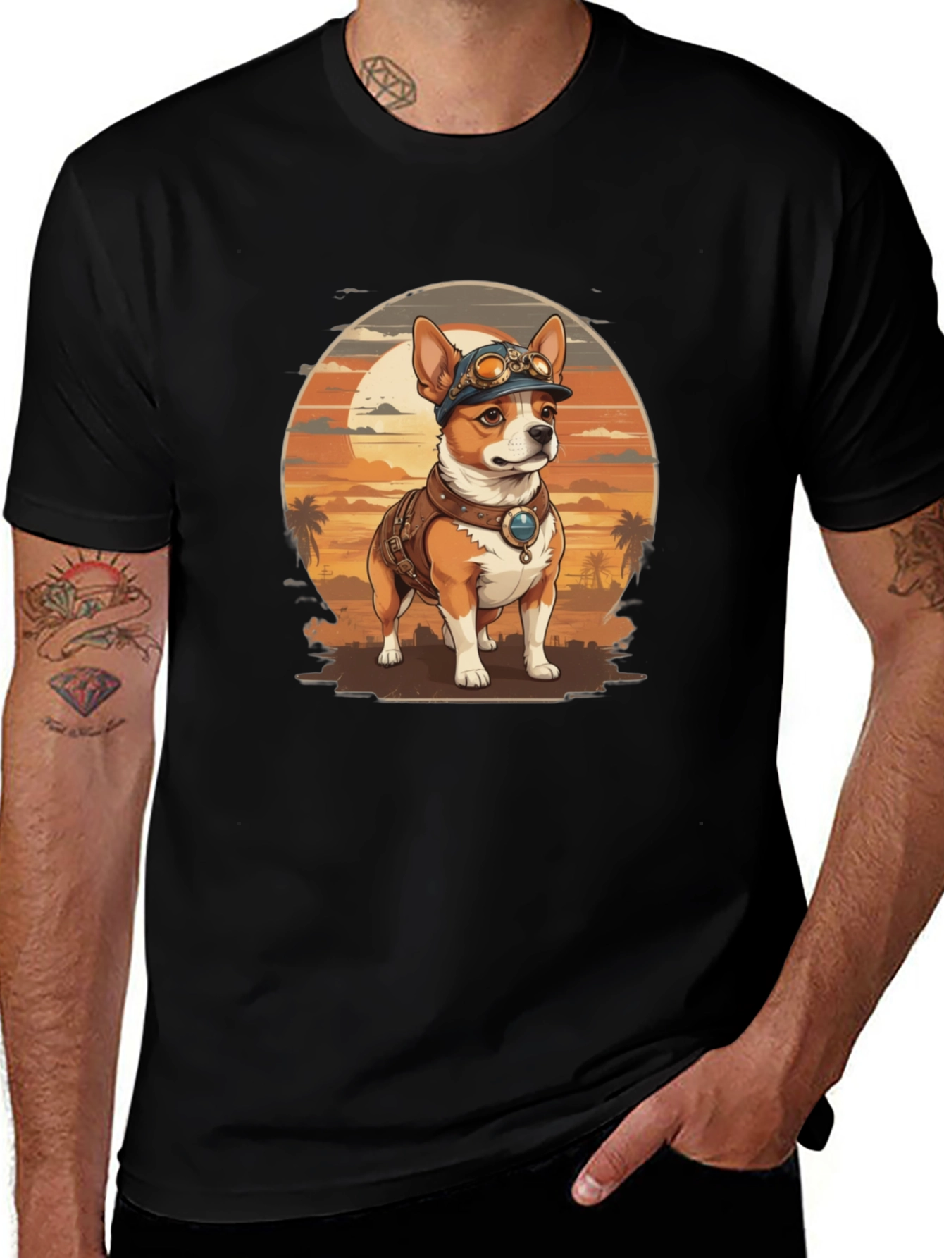 Steampunk Dog Graphic Tee - Retro Canine T-Shirt