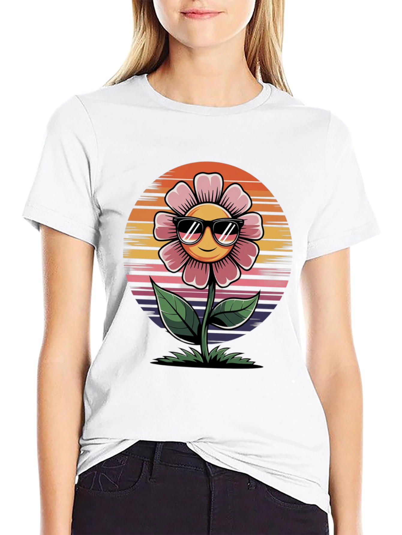 Smiley Flower Retro Style Black Tee