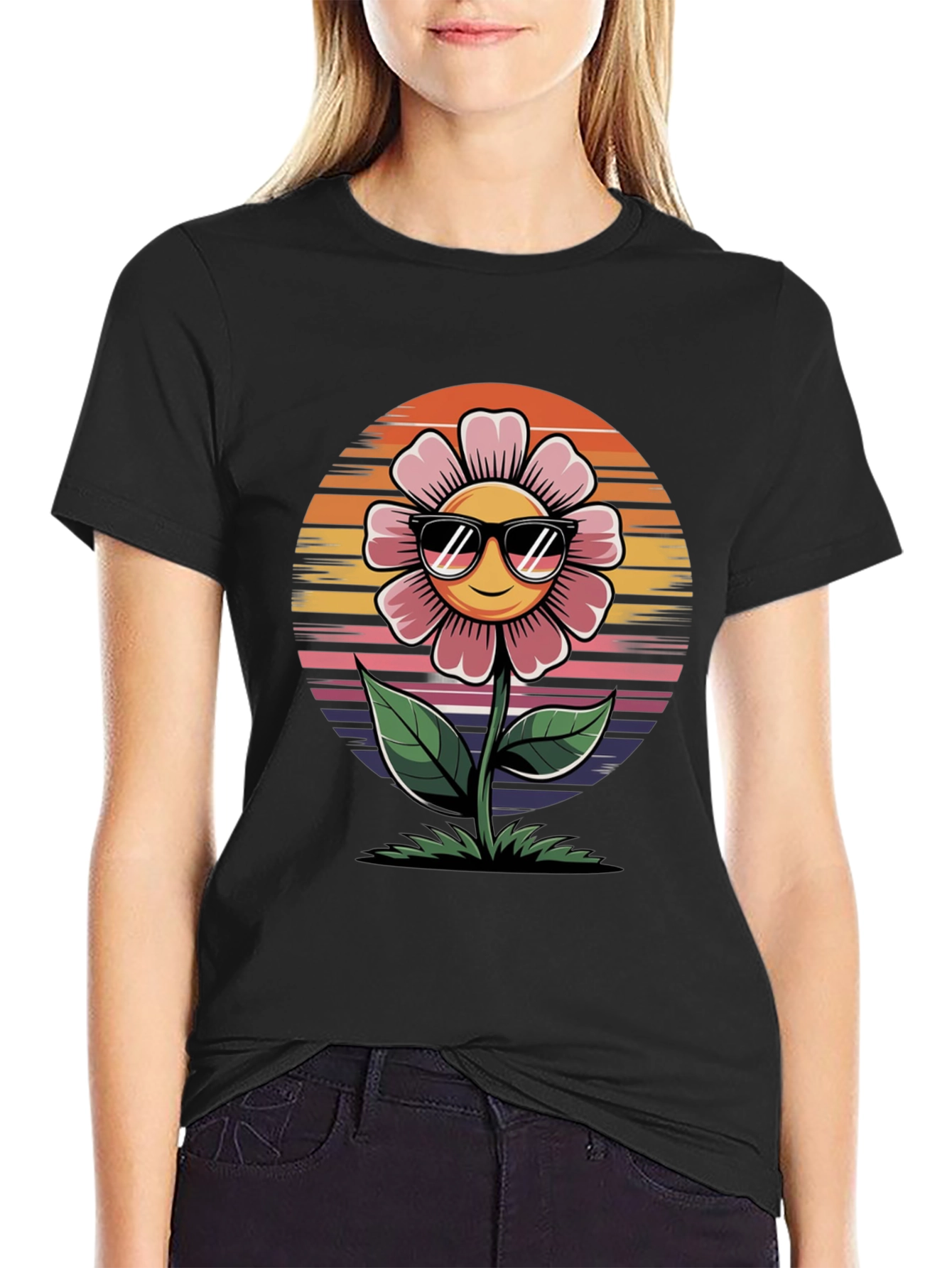 Smiley Flower Retro Style Black Tee