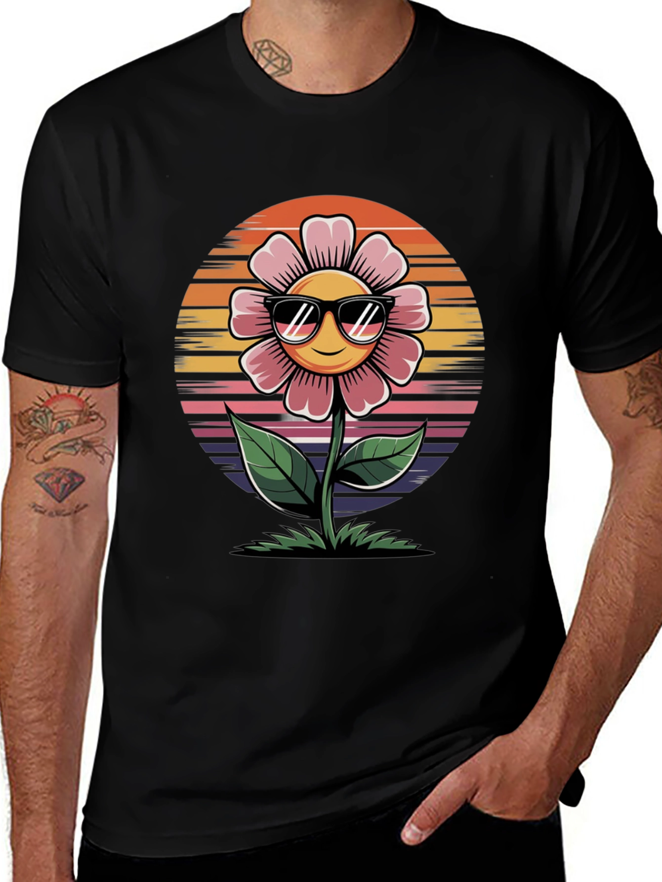 Smiley Flower Retro Style Black Tee