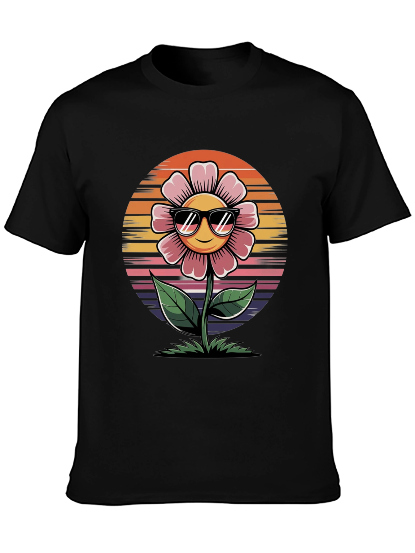 Smiley Flower Retro Style Black Tee