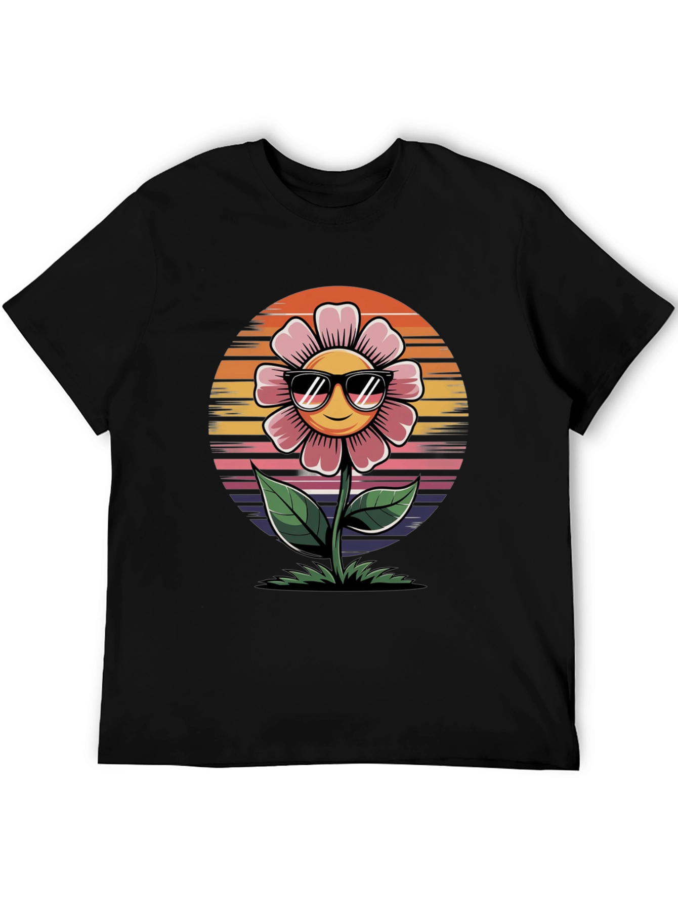 Smiley Flower Retro Style Black Tee