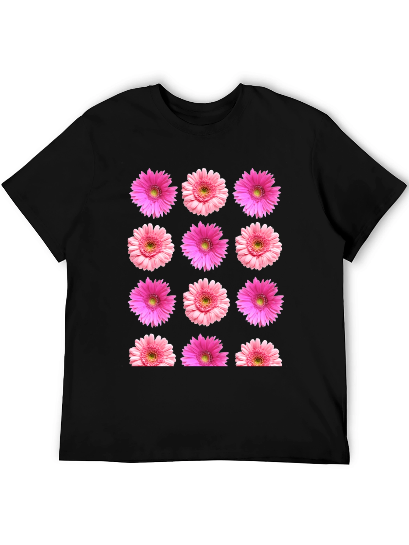 Pink Daisy Floral Print Black T-Shirt