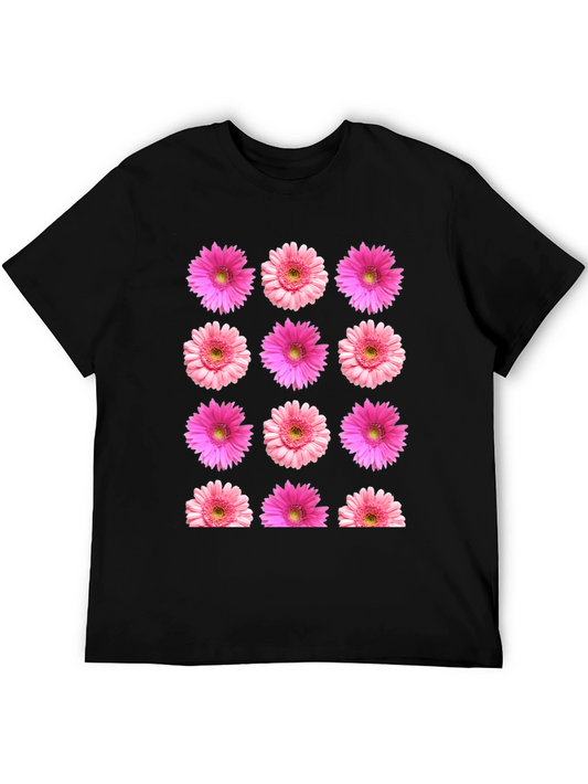 Pink Daisy Floral Print Black T-Shirt