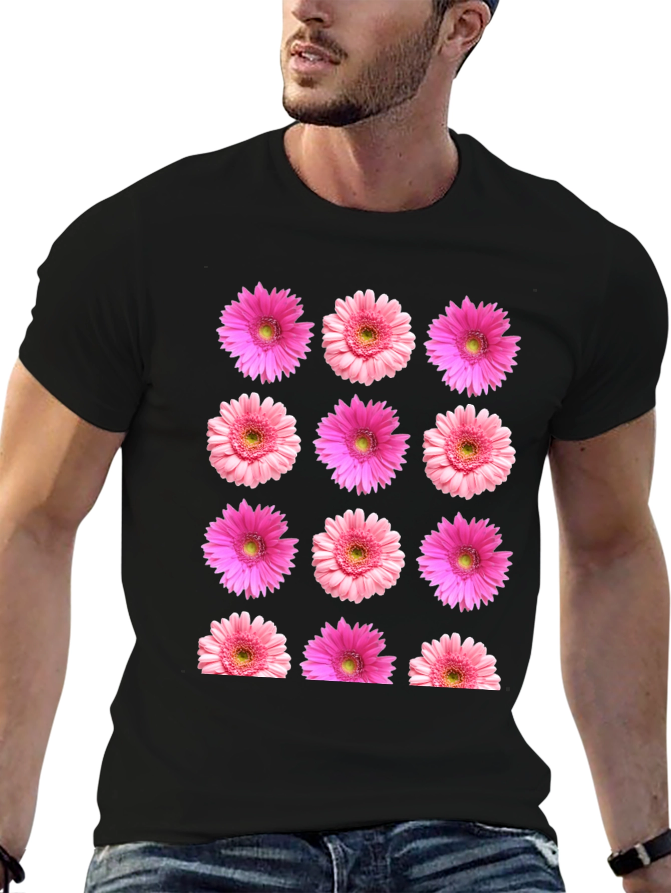 Pink Daisy Floral Print Black T-Shirt