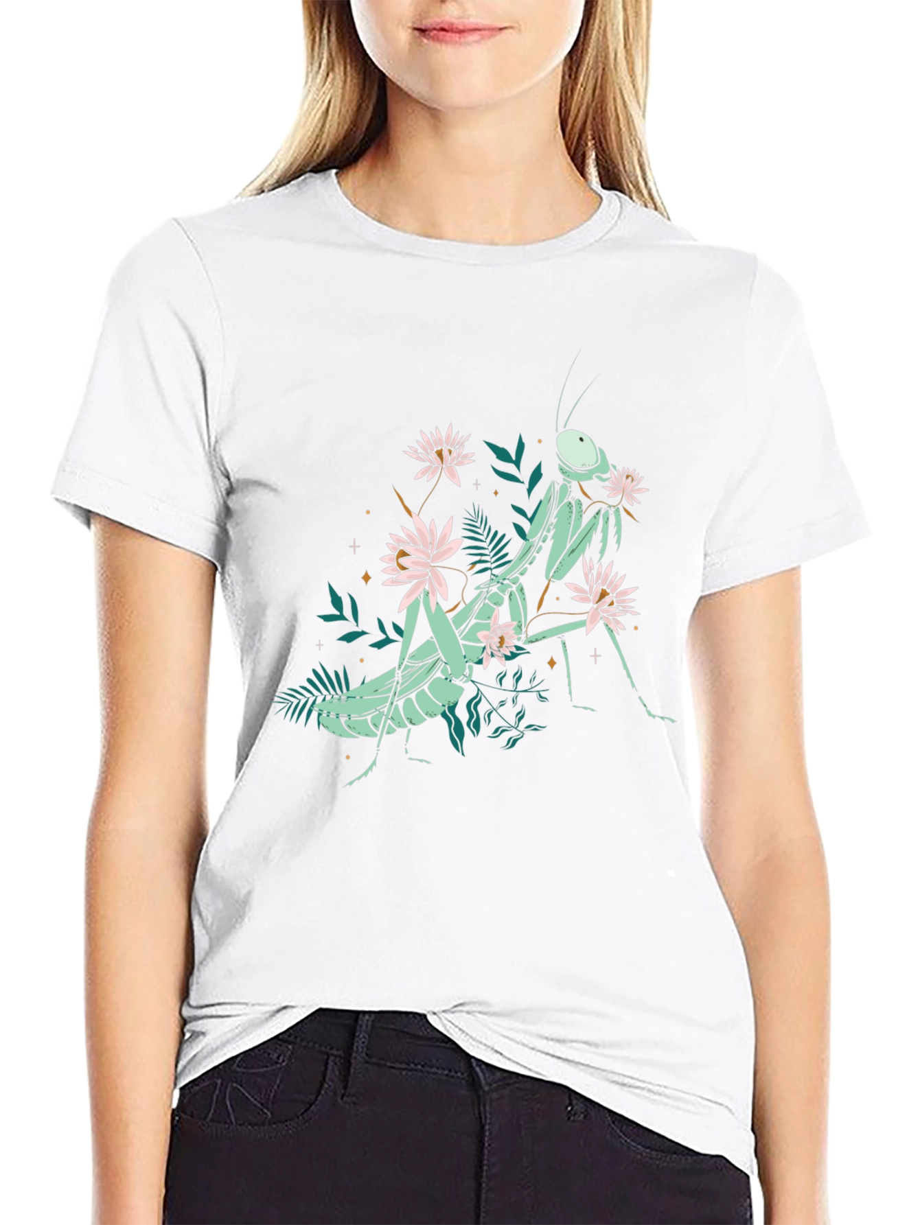 Botanical Praying Mantis Graphic Tee - Black Cotton