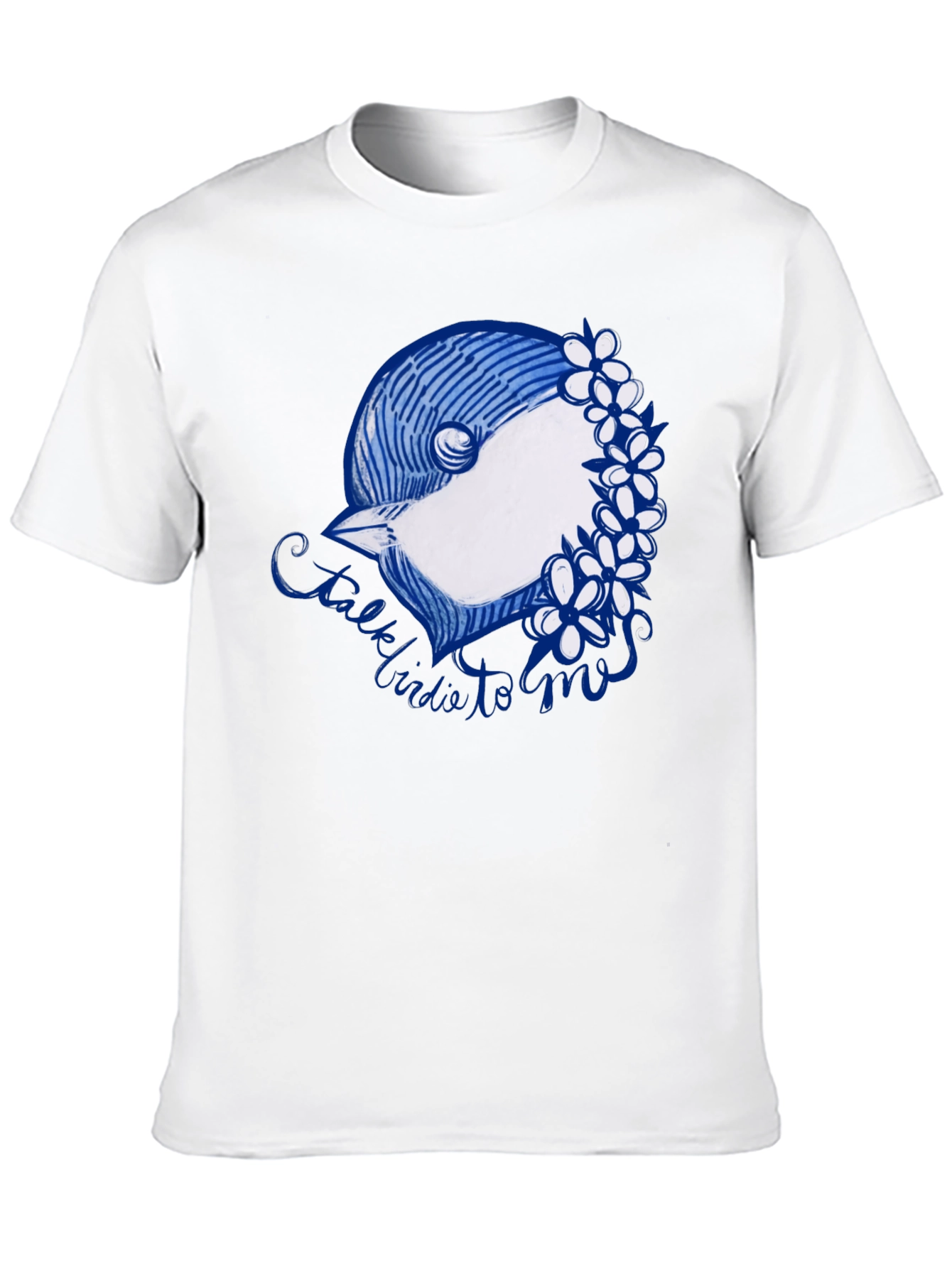 Black T-Shirt with Bird & Flowers Graphic