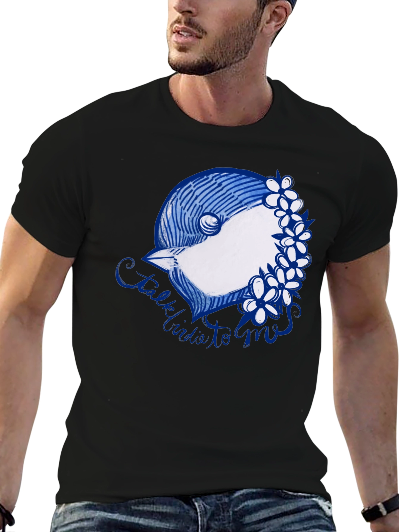 Black T-Shirt with Bird & Flowers Graphic