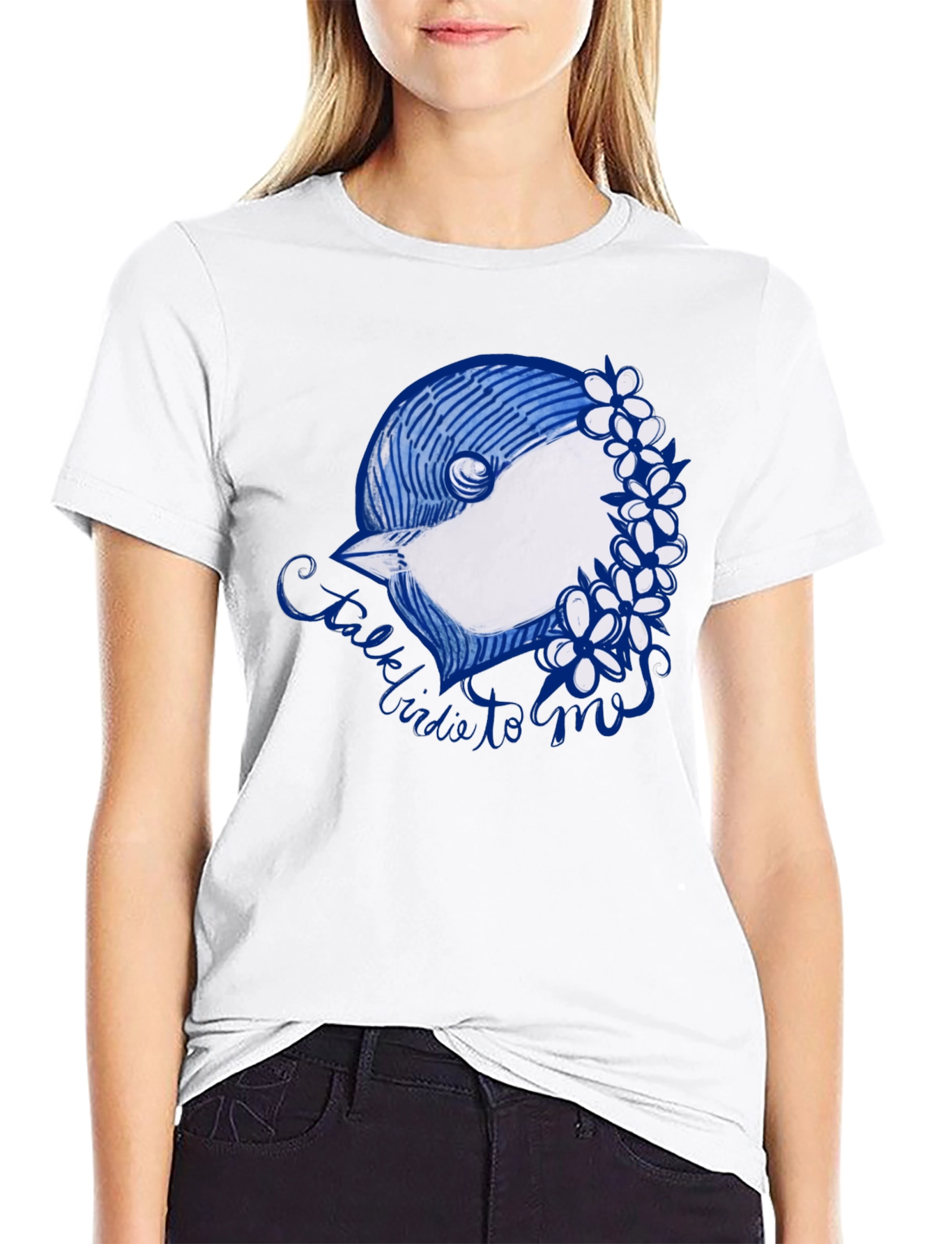 Black T-Shirt with Bird & Flowers Graphic