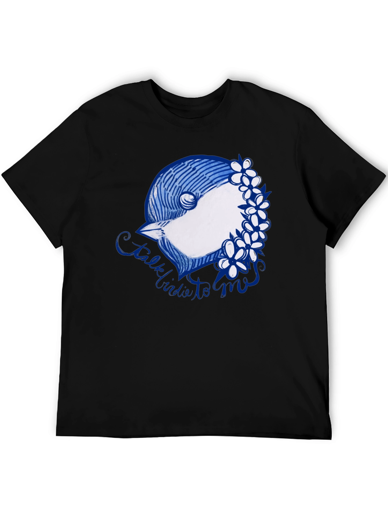 Black T-Shirt with Bird & Flowers Graphic