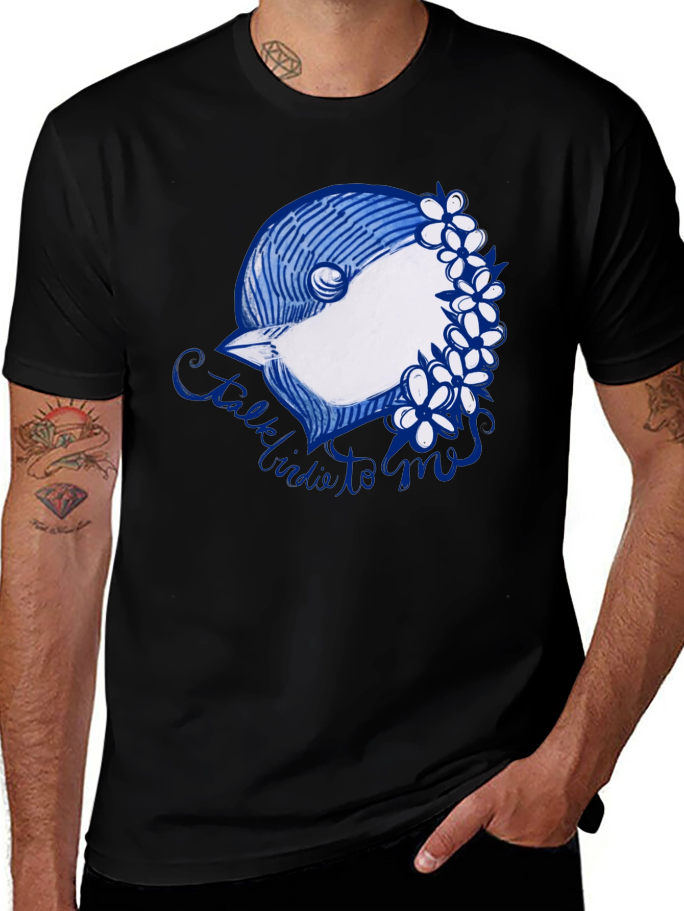 Black T-Shirt with Bird & Flowers Graphic
