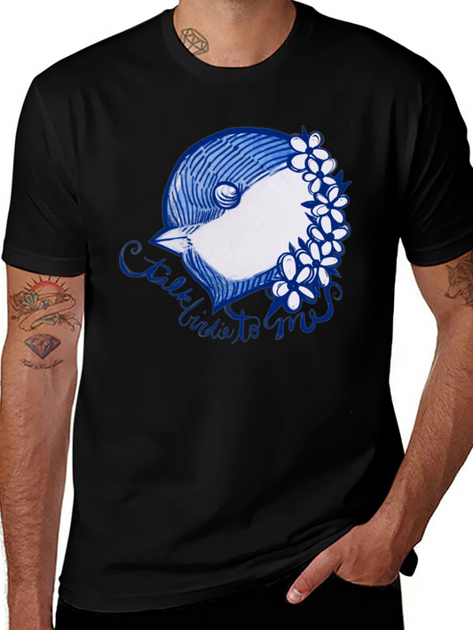 Black T-Shirt with Bird & Flowers Graphic