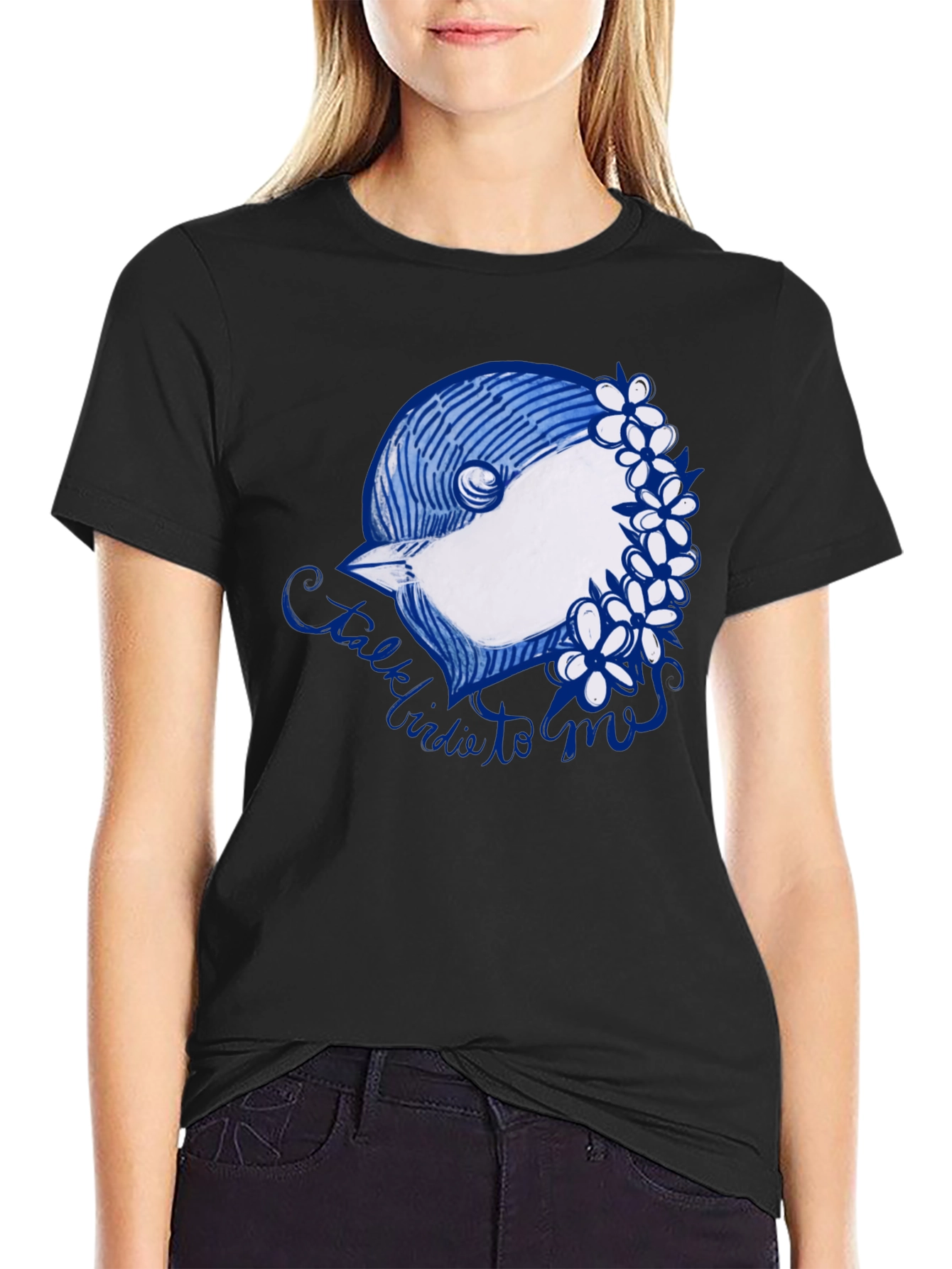 Black T-Shirt with Bird & Flowers Graphic