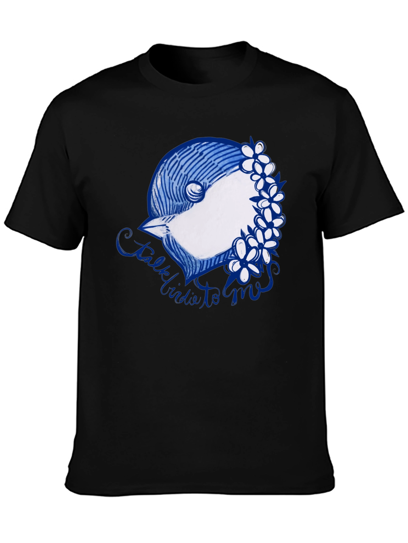 Black T-Shirt with Bird & Flowers Graphic