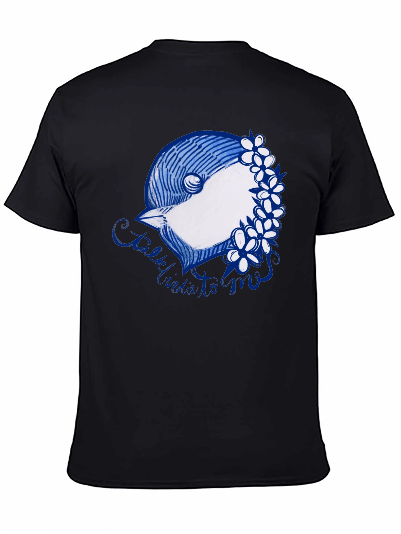 Black T-Shirt with Bird & Flowers Graphic